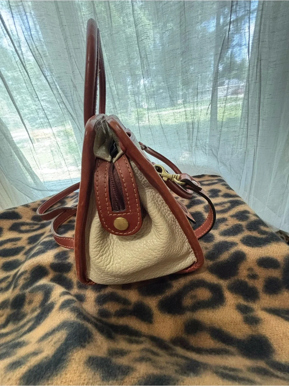 Vintage Liz Claiborne Leather Top-Handle Bag Cream and Brown & shoulder strap
